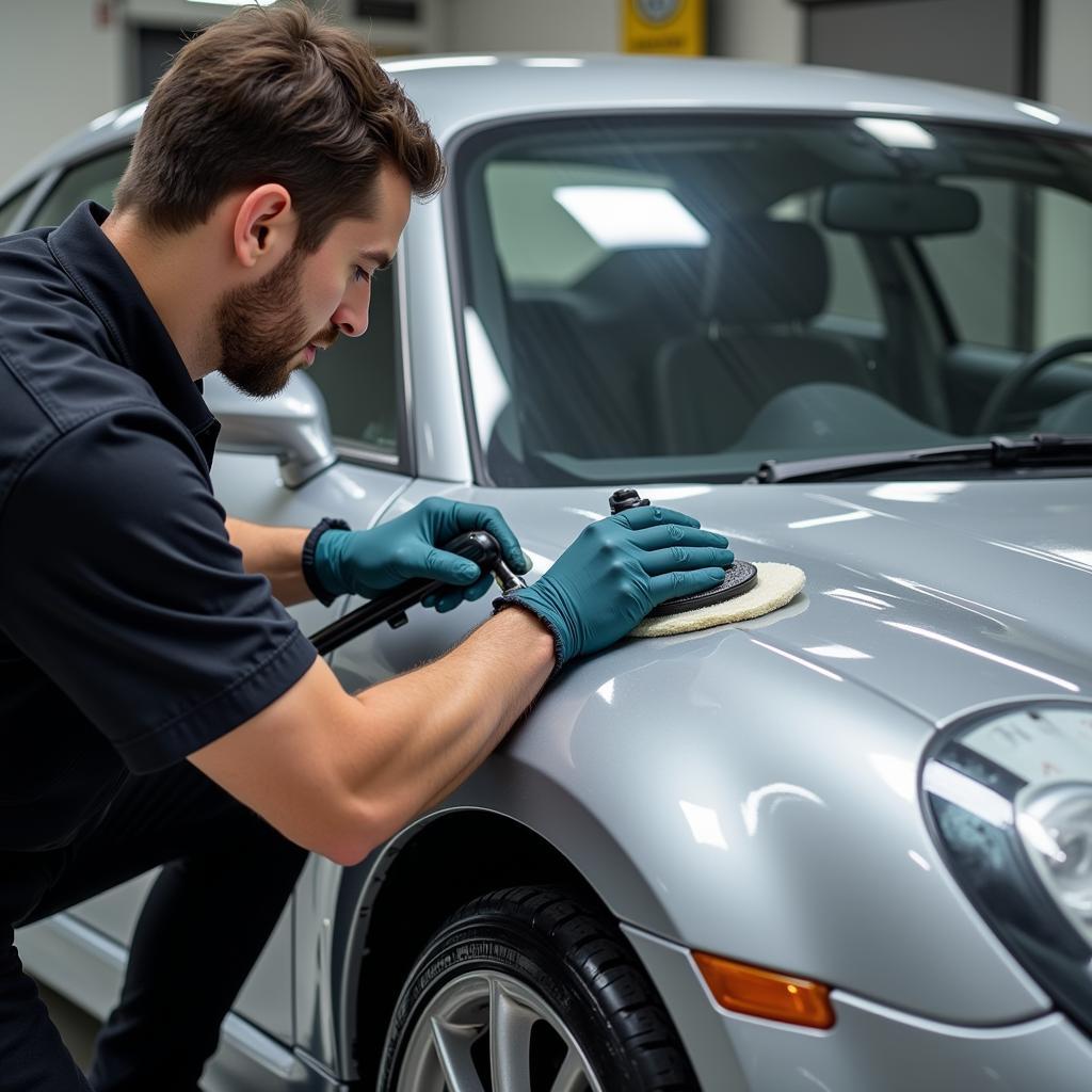 Car detailer meticulously cleaning and polishing a car's exterior