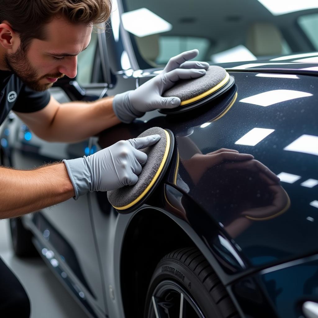 Car Detailer Applying Ceramic Coating to Vehicle Exterior