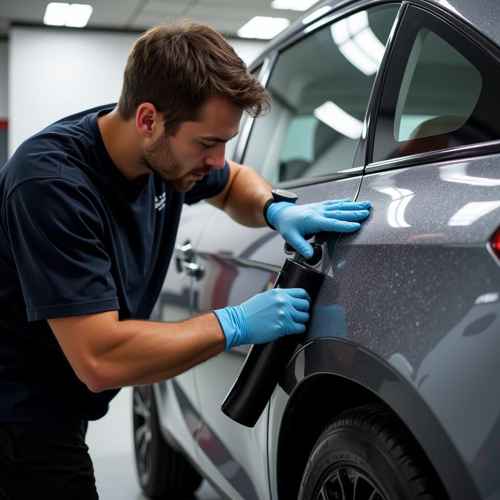 Car Detailer Working on Vehicle Exterior