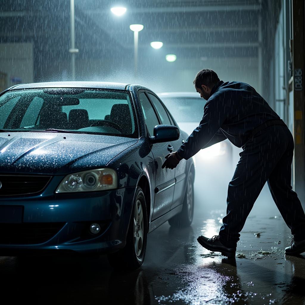 Car Detailer Working in Rainy Conditions