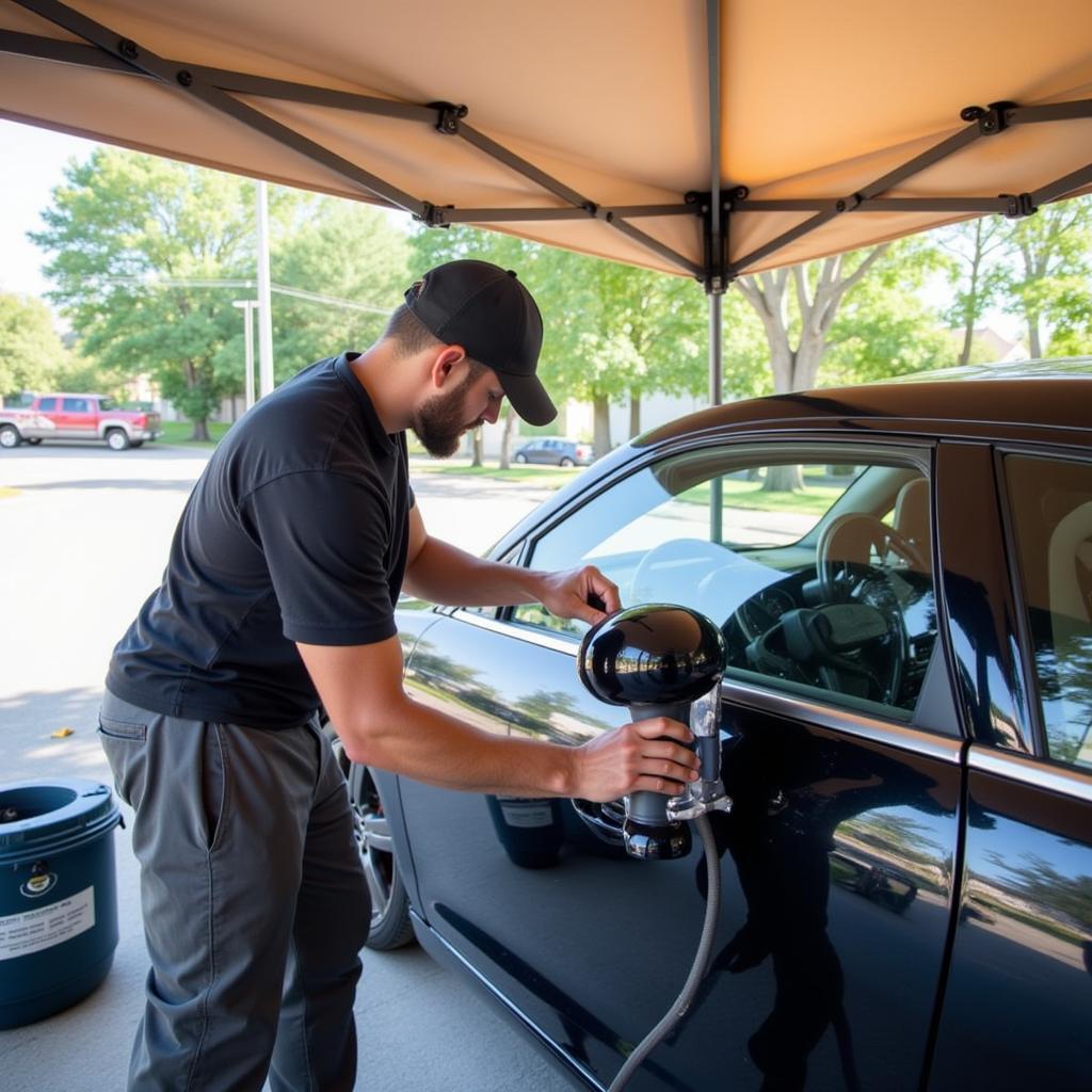 Car Detailer Working Under Sun Shade