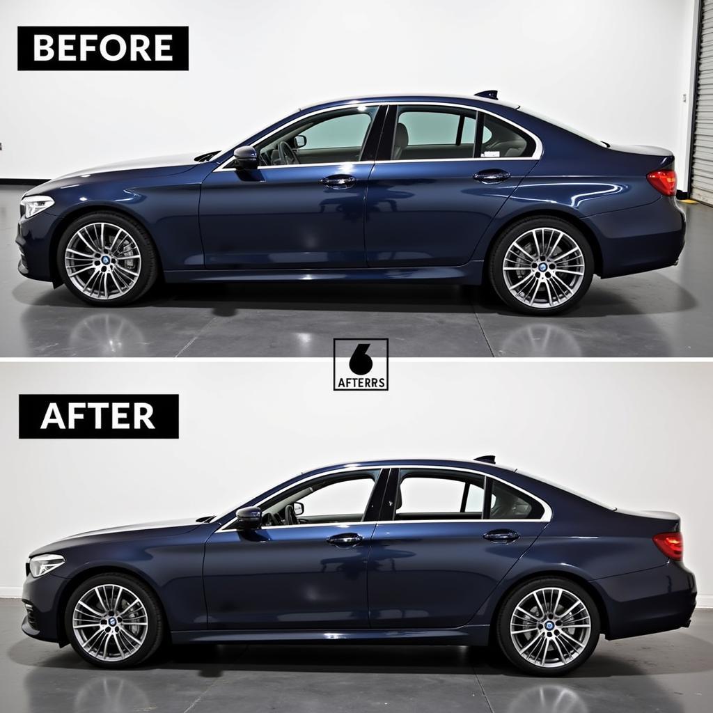 Car Detailing Before & After: A comparison showcasing the dramatic transformation of a car's appearance after professional detailing, highlighting the restoration of paintwork and the overall enhanced shine.