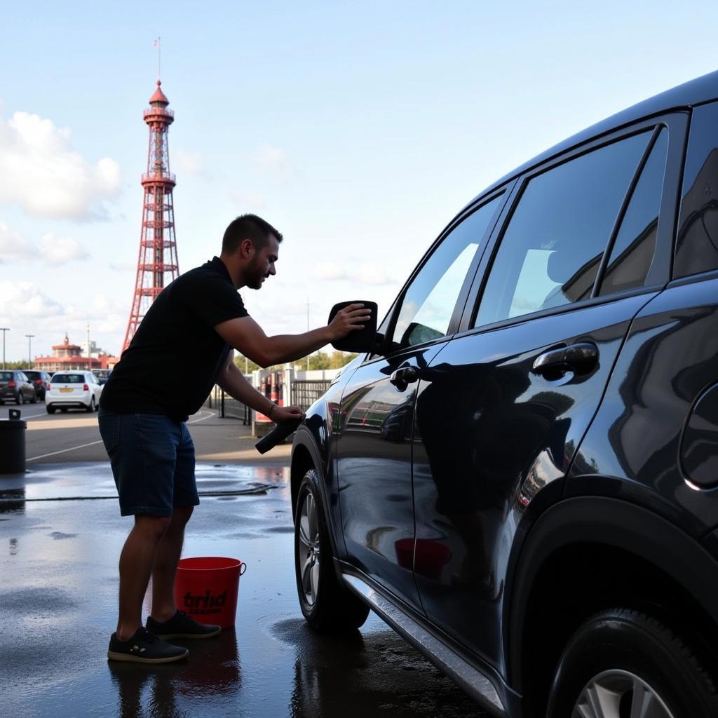 Professional car detailing service in Blackpool washing a black car exterior