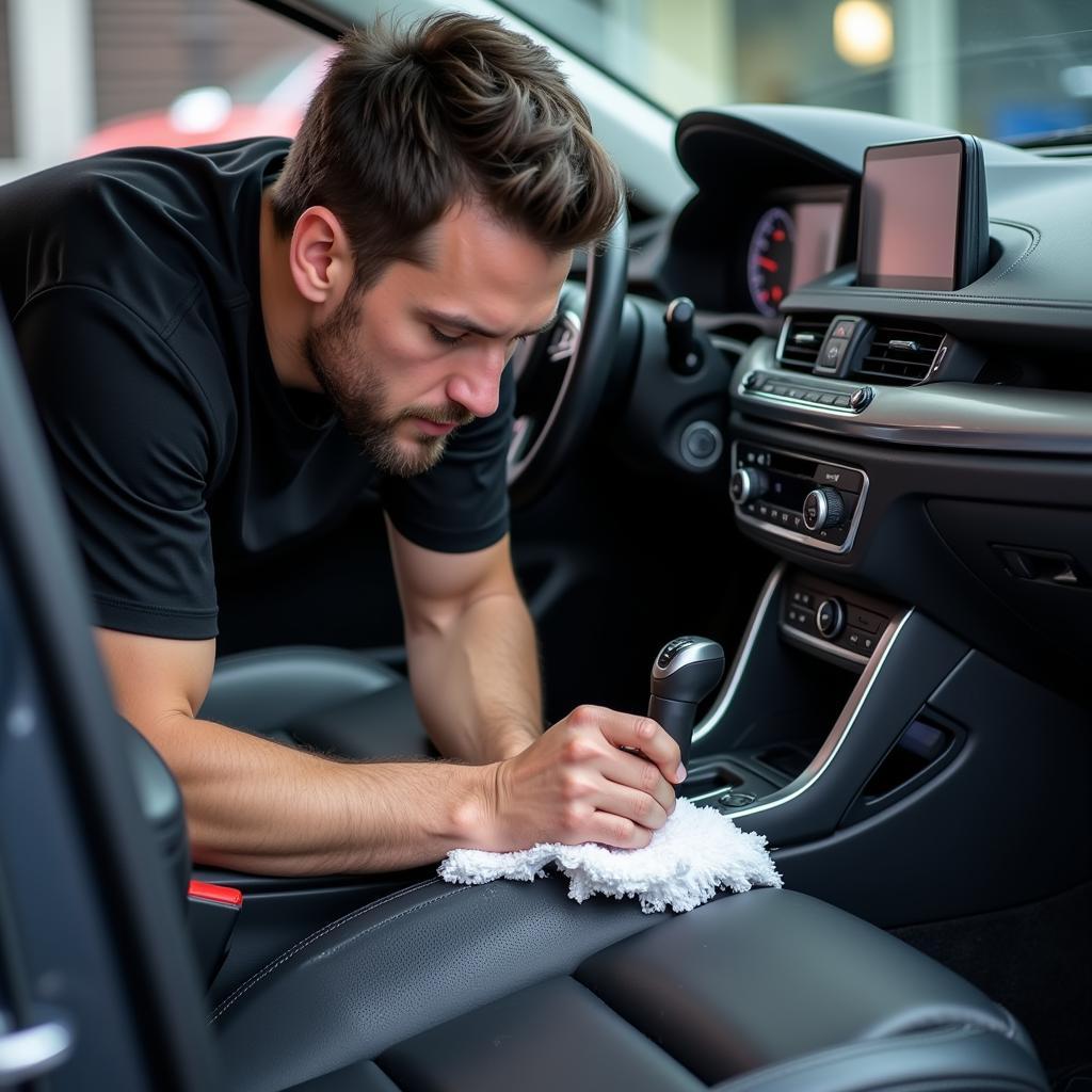 Close-up of a car detailing process being documented for a blog post