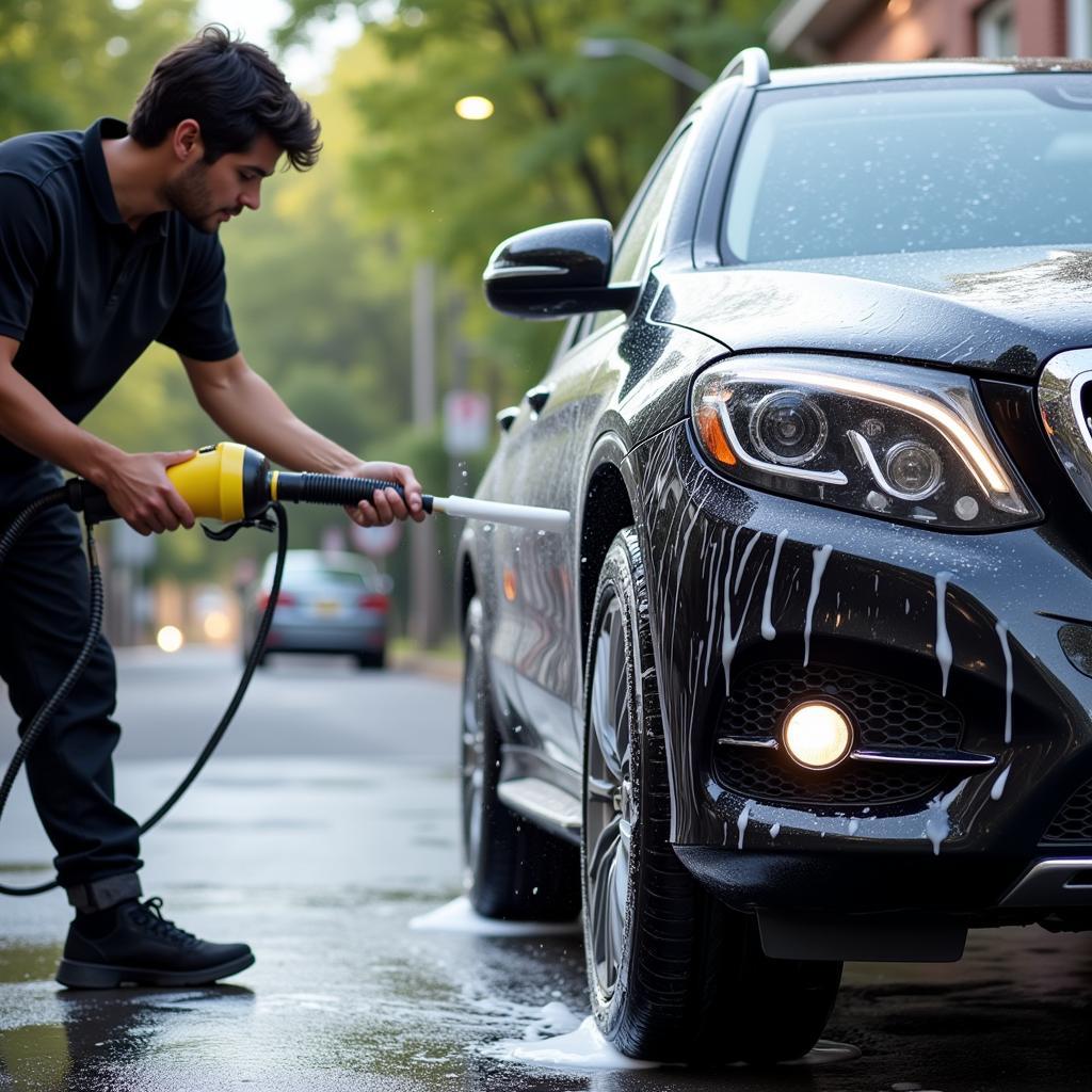 Exterior car wash detailing in progress in Cambridge, MA