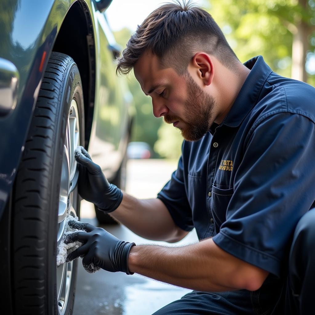 A car detailer working outdoors in challenging weather conditions, highlighting the physical demands of the job.