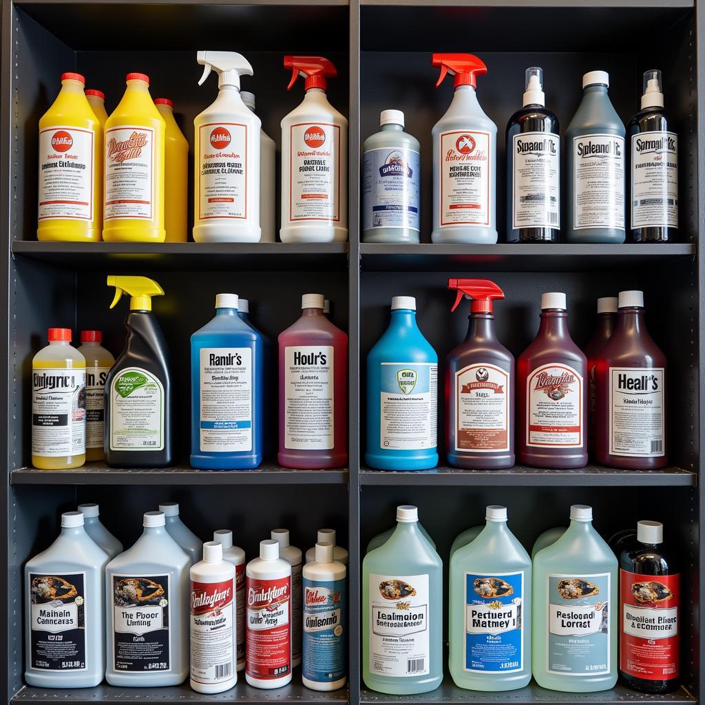 Array of Car Detailing Chemicals on a Shelf