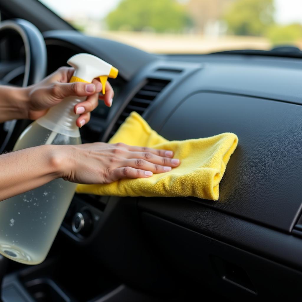 Cleaning a car dashboard with a microfiber cloth and specialized cleaner