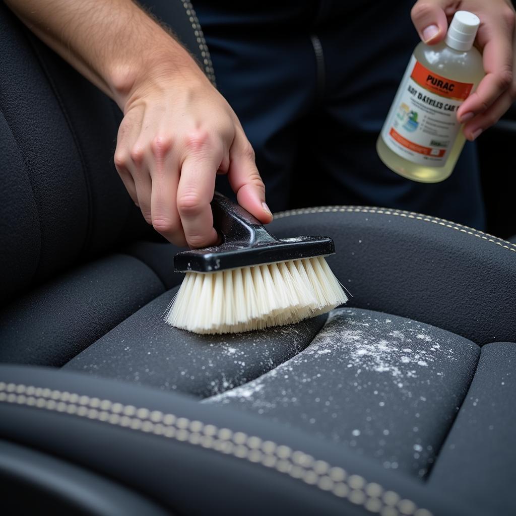 Cleaning fabric car seats with a specialized cleaner and brush