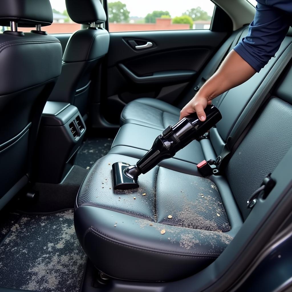 Vacuuming the interior of a car, including seats, floor mats, and crevices.