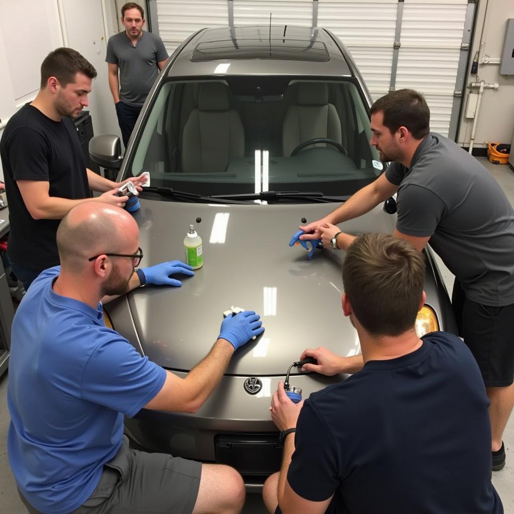 Students practicing car detailing techniques in a Boston, MA course