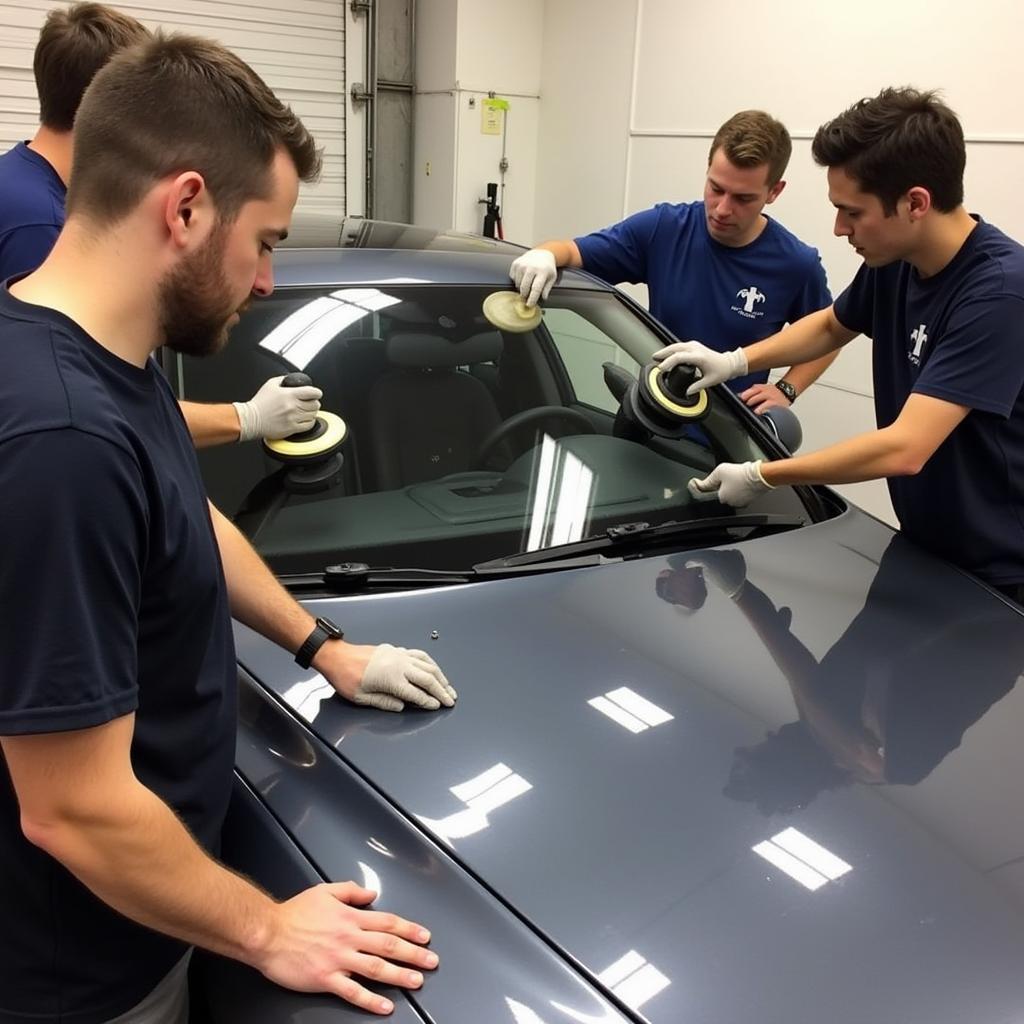 Students practicing car detailing techniques on a vehicle