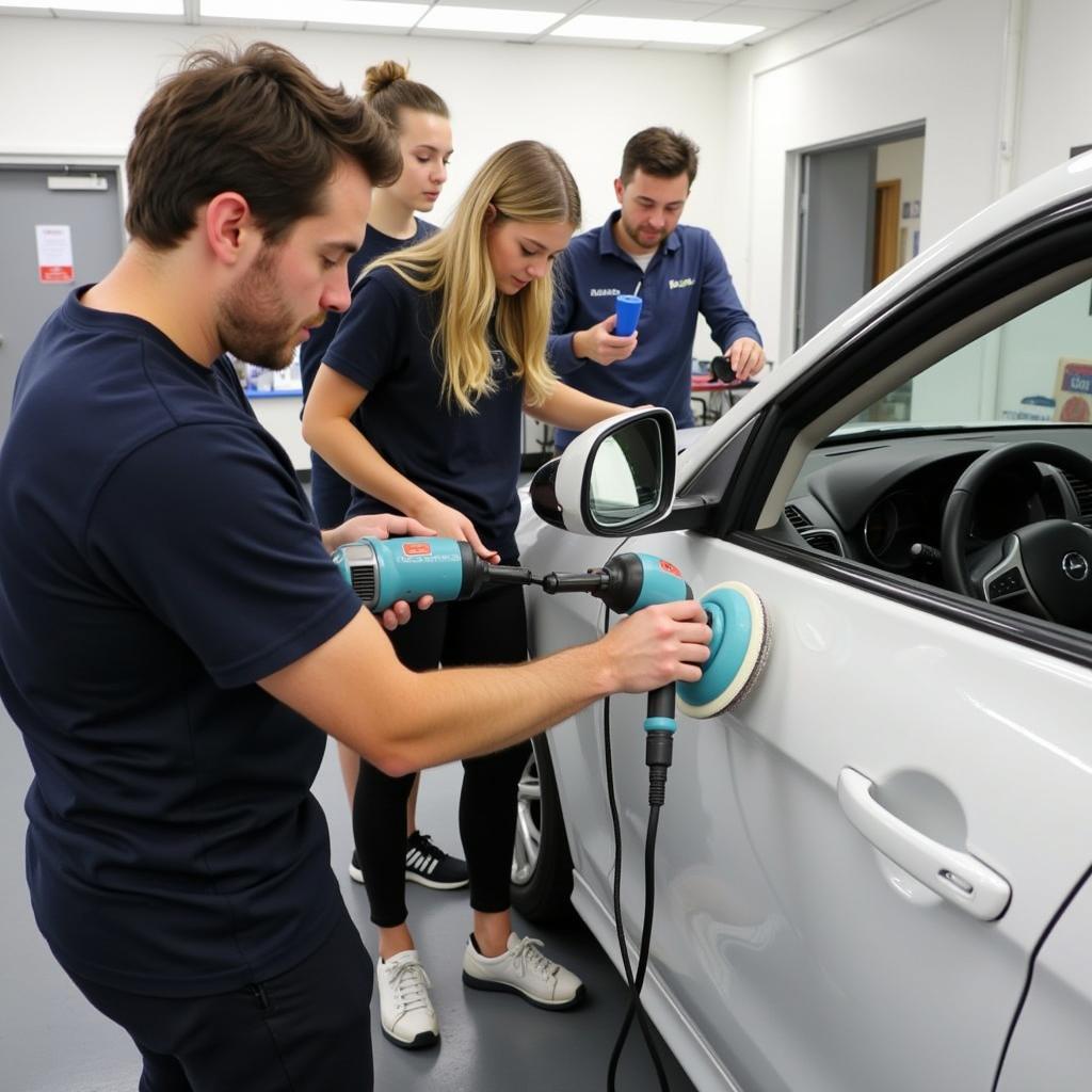 Students Practicing Paint Correction Techniques in a Car Detailing Course in Kent