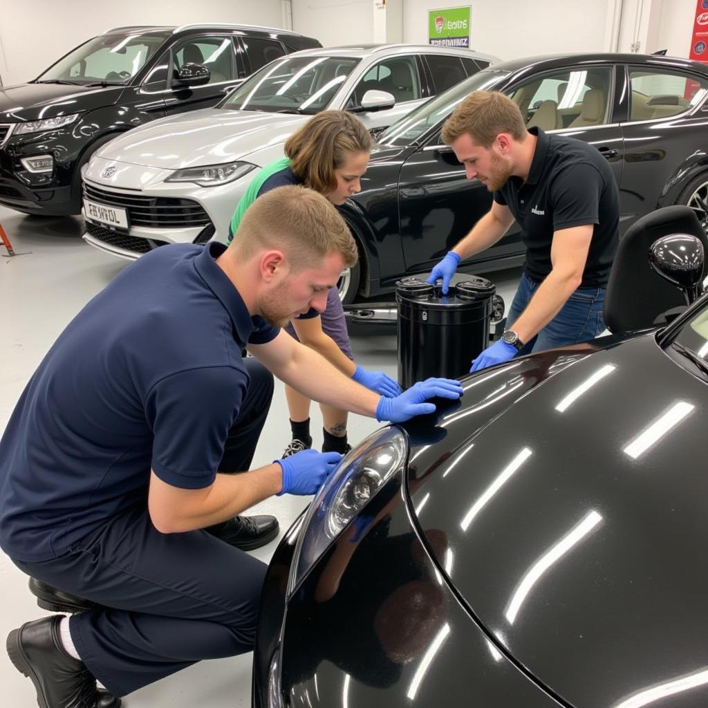 Students practicing car detailing techniques in Sussex