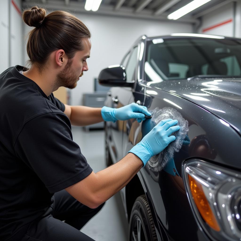 Applying ceramic coating during car detailing in Decatur, Alabama