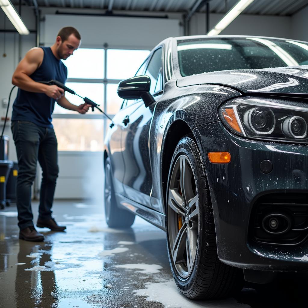 Exterior car wash during a detailing service in Dover, NH