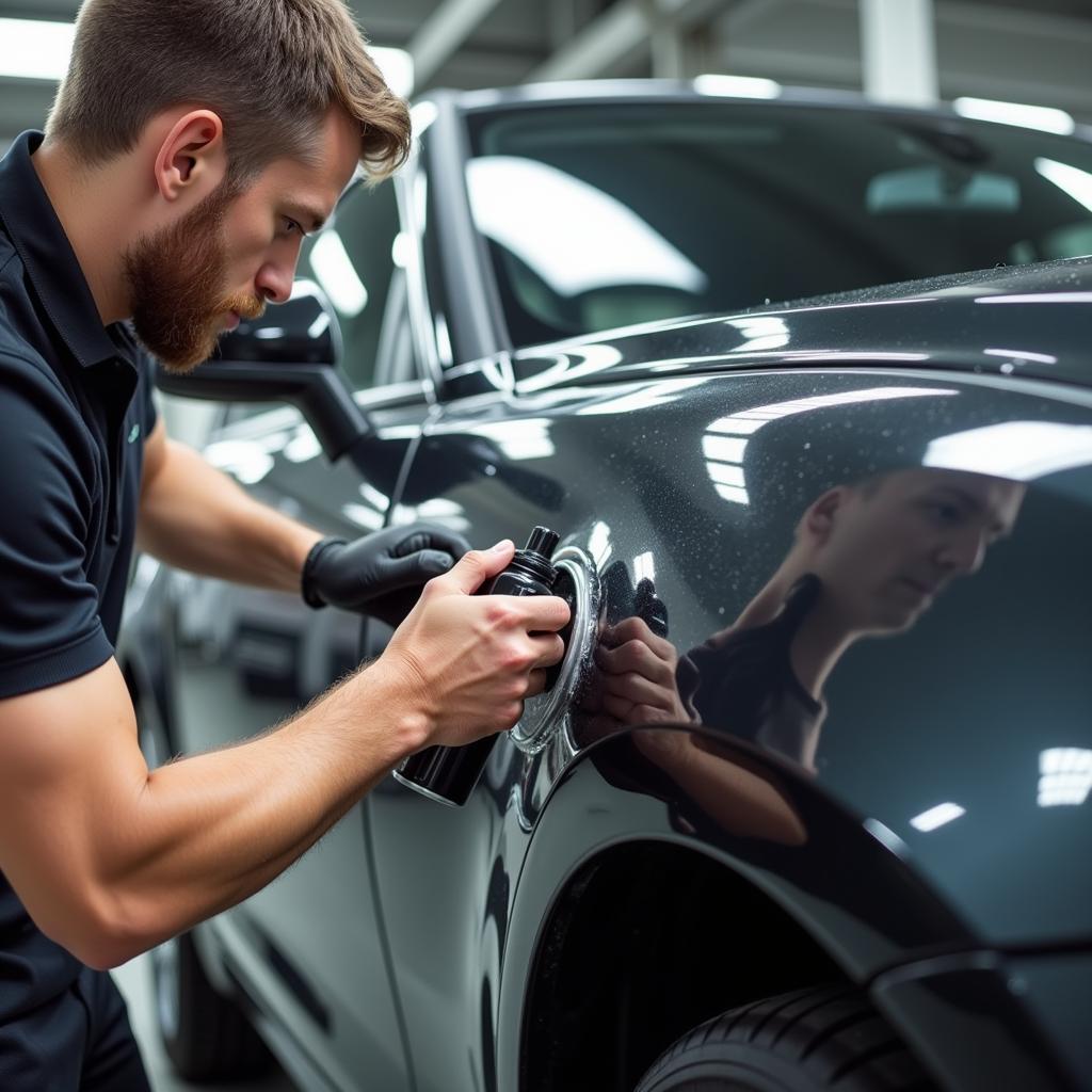 Final touches being applied during a car detailing service in Dover, NH