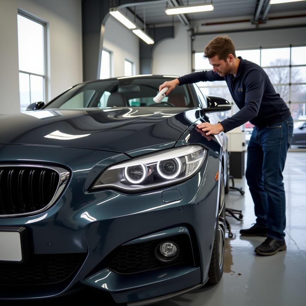 Applying ceramic coating to a car's exterior during a detailing service in East Lyme, CT.