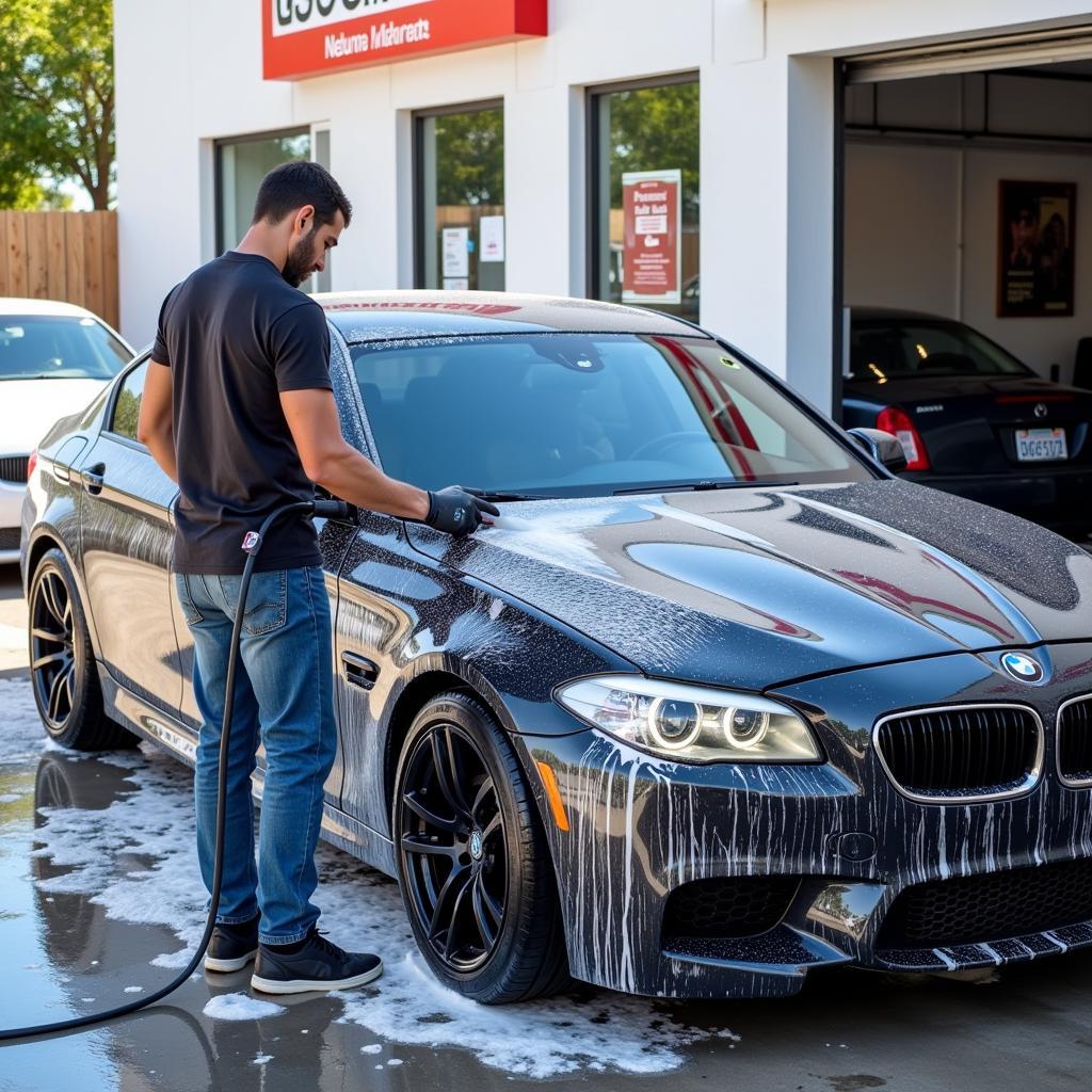 Exterior car wash during a detailing service in Elk Grove