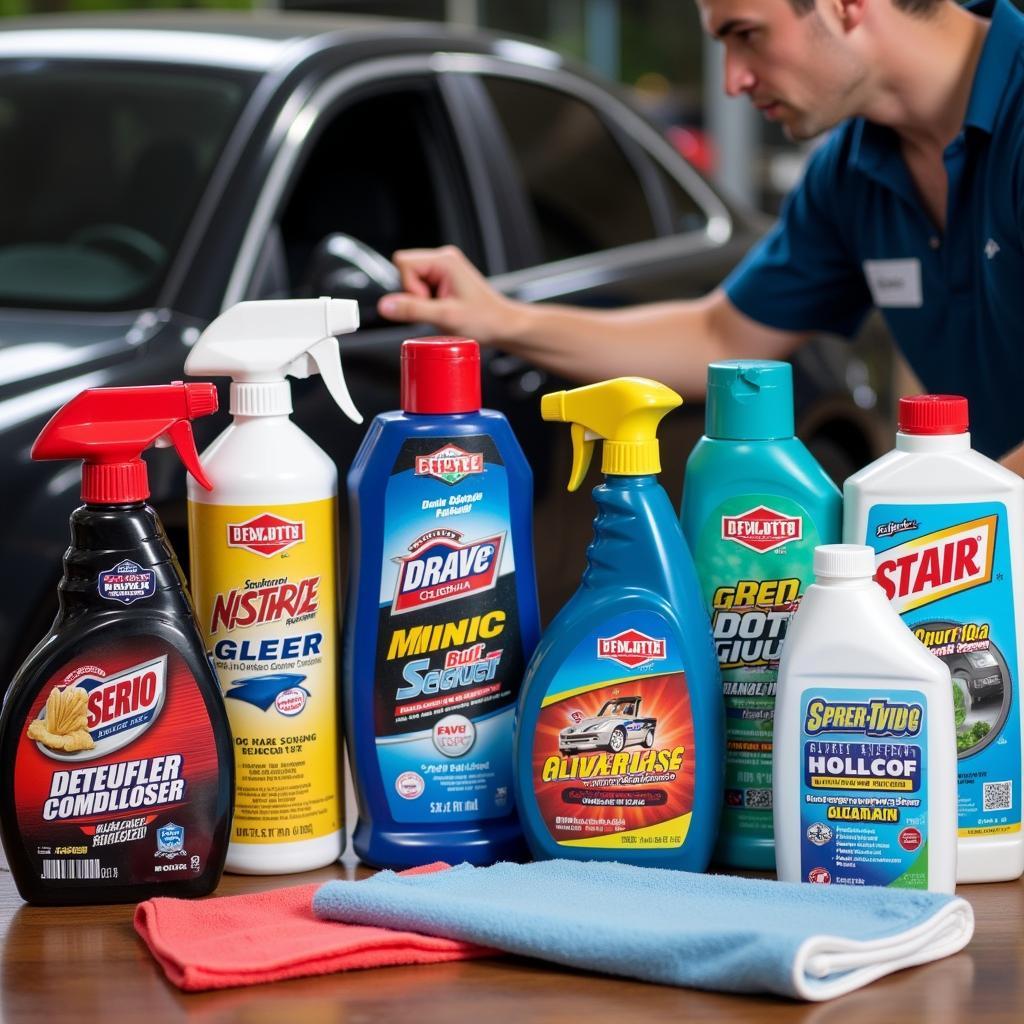 Essential Equipment and Supplies for Car Detailing: A display of various car detailing tools and products.