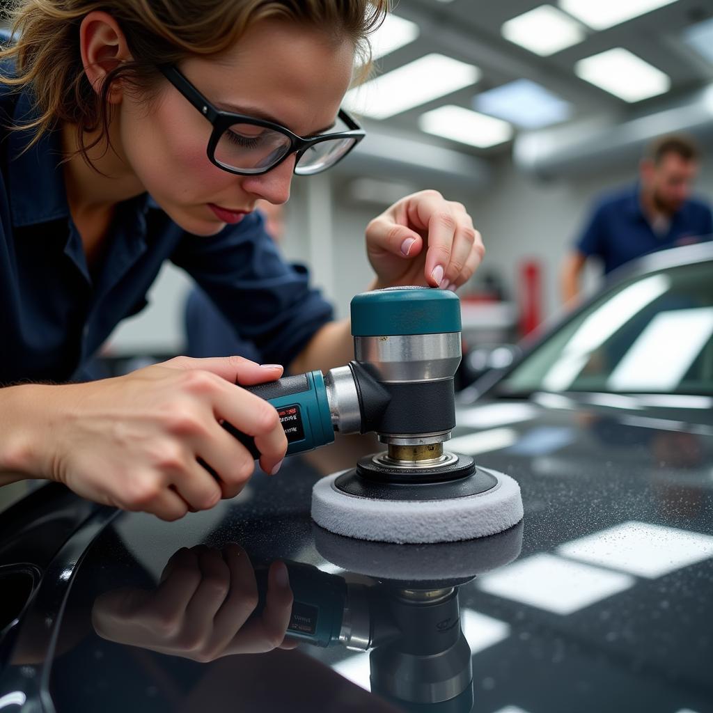 Car Detailing Equipment in Action: A detailer using a polisher on a car's paintwork, demonstrating the practical application of car detailing equipment.