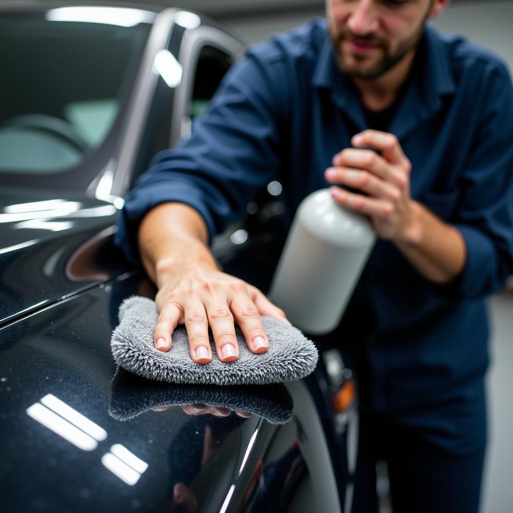 Car detailing expert demonstrating the application of a product on a car.