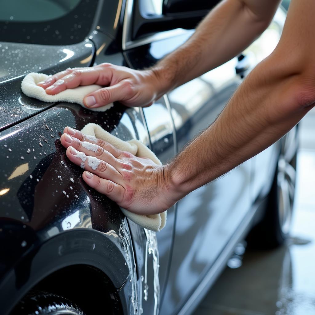 Exterior car detailing wash process showing meticulous cleaning techniques