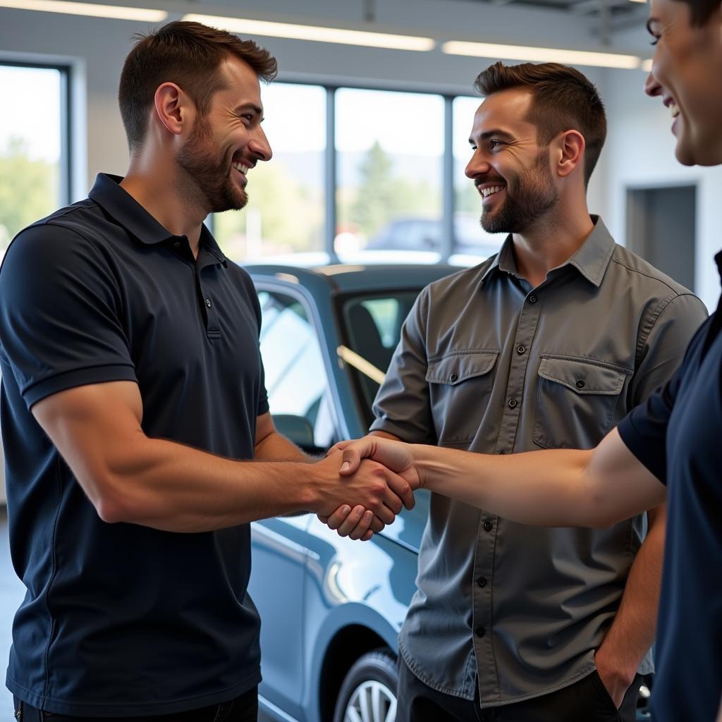 Happy Customer Receiving Keys Back After Detailing Service at Family Business