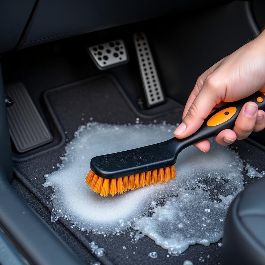 Detailing a car floor mat with a brush and cleaner.