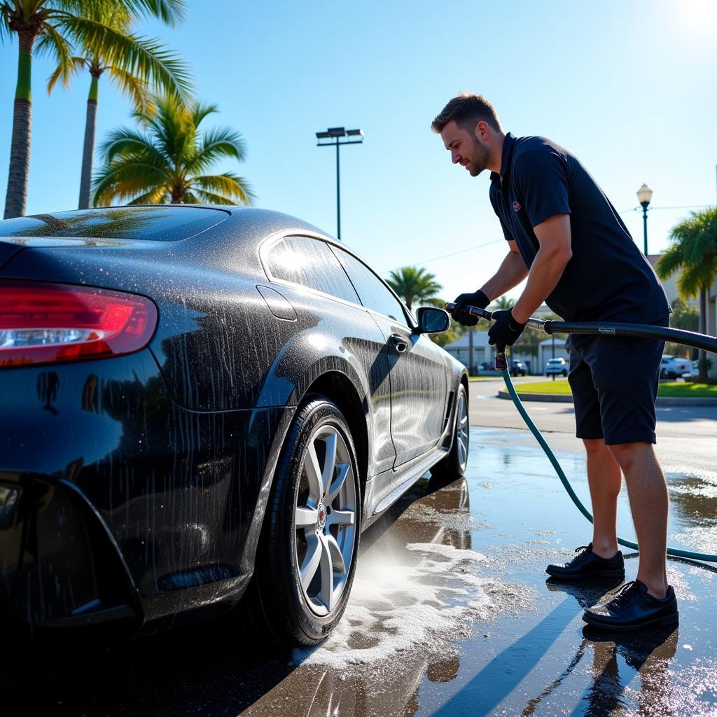 Professional car detailing in Fort Myers, Florida, involves a thorough exterior wash.