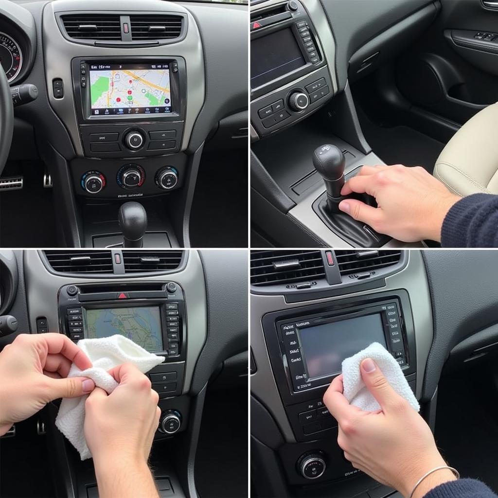 Car Detailing Interior Cleaning:  A close-up view of a car's interior after professional cleaning, showcasing the meticulous attention to detail in areas like the dashboard, seats, and carpets.