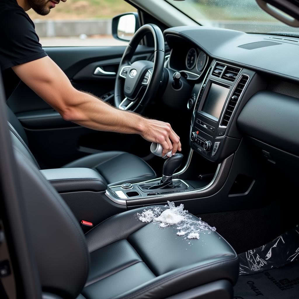 Car Detailing Interior Cleaning: A professional detailing the interior of a car, showcasing the meticulous cleaning of leather seats and dashboard.