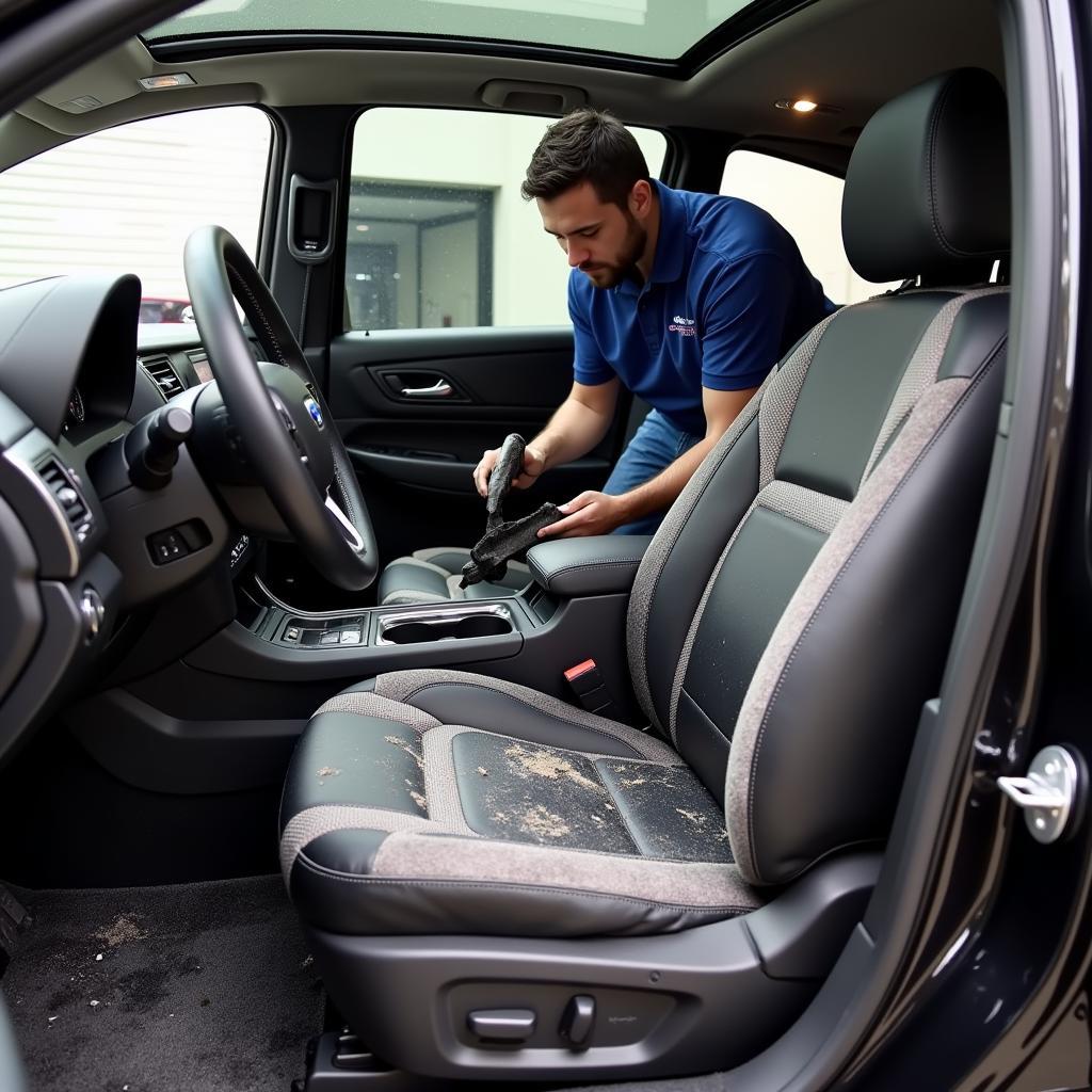 Car detailing interior cleaning process including vacuuming and leather conditioning