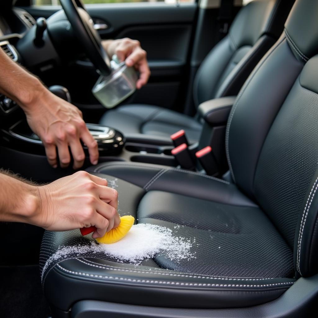 A car detailer meticulously cleaning the leather seats of a vehicle's interior, demonstrating attention to detail.