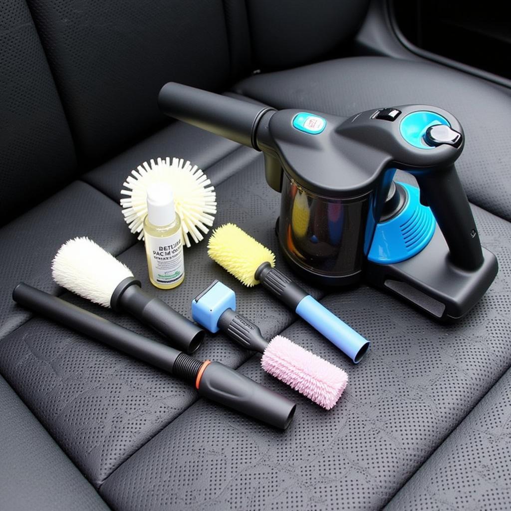 Car Detailing Interior Cleaning Tools: Brushes, vacuum cleaner, and upholstery cleaner for a spotless interior