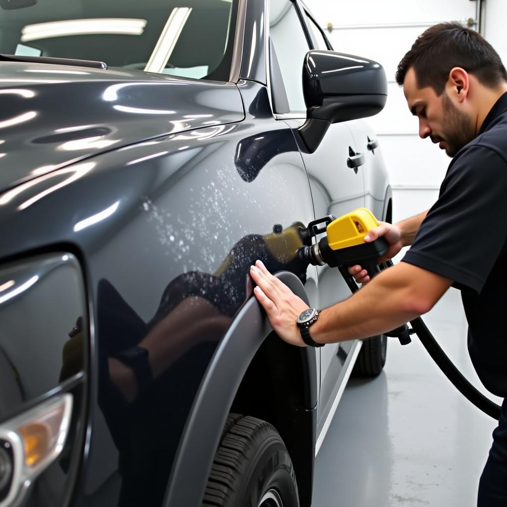 Car paint correction process in a detailing shop in Largo, Florida