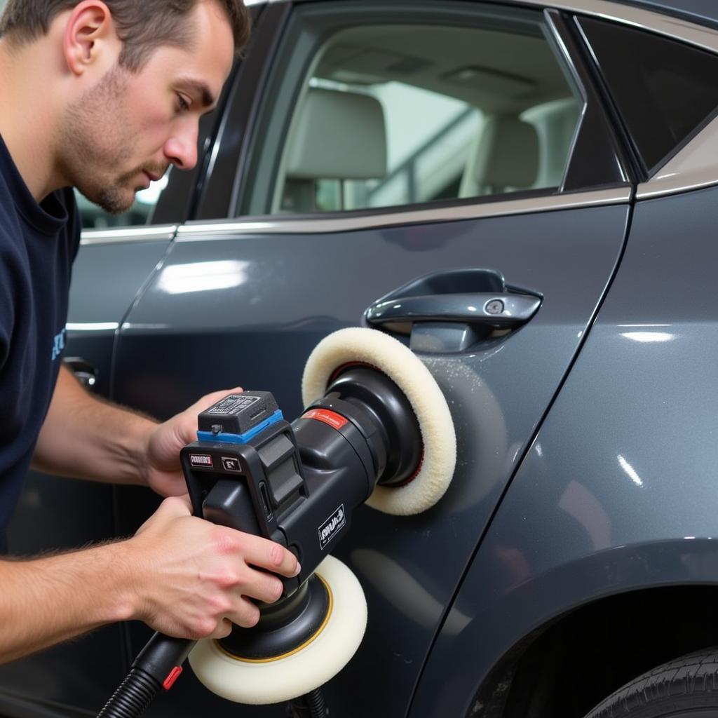 Paint correction process at a car detailing shop in New Orleans