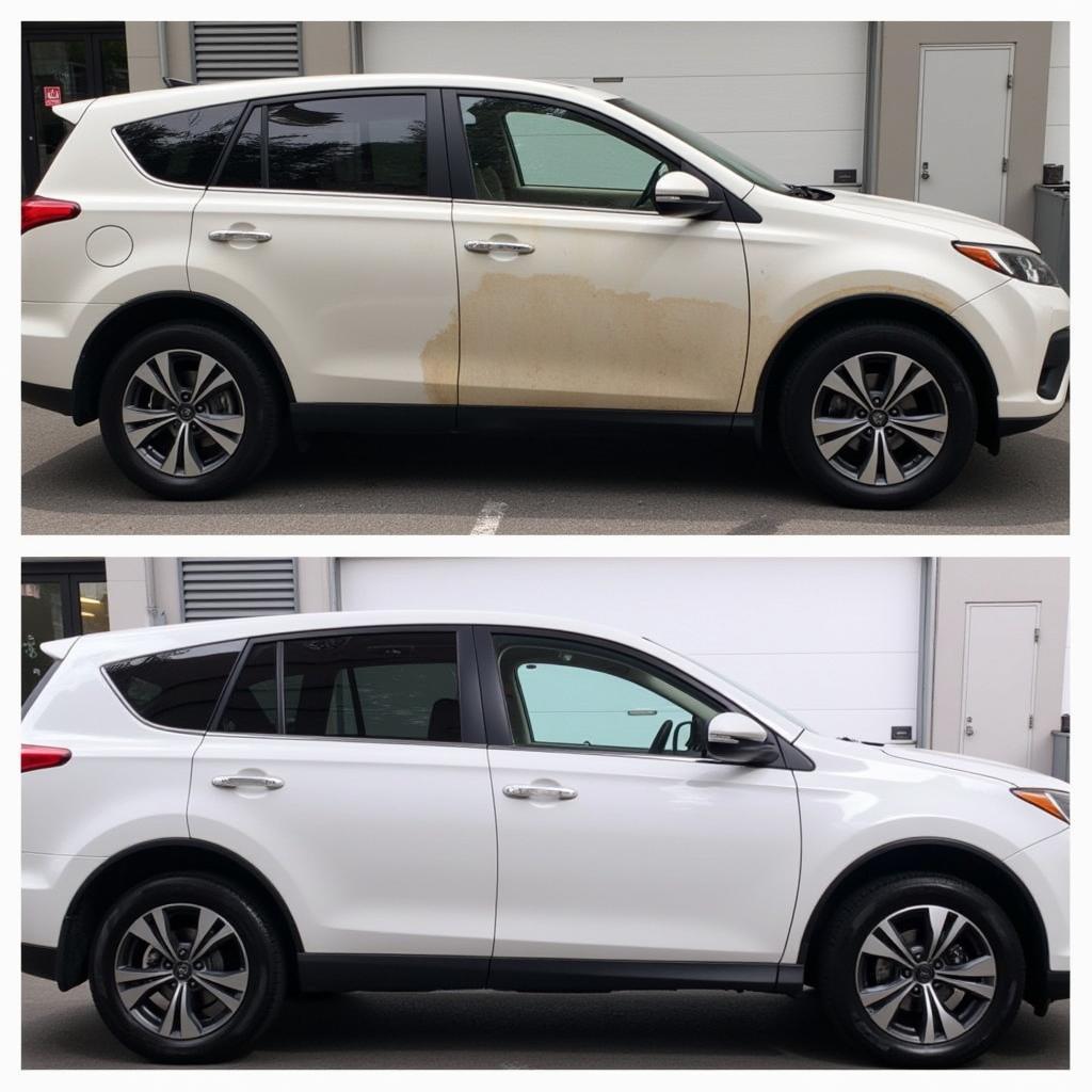 Car Detailing NYC Before and After:  A side-by-side comparison of a car before and after a professional detailing service, showcasing the dramatic improvement in the car's appearance.