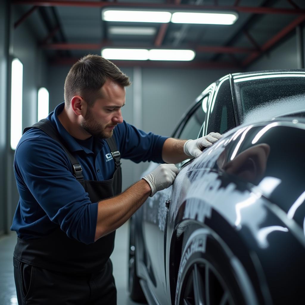 Applying ceramic coating on a car in Omaha