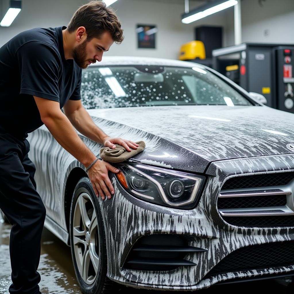 Exterior car wash at a detailing shop in Omaha