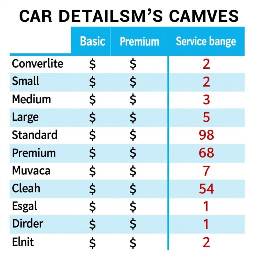 Car Detailing Price Comparison Chart