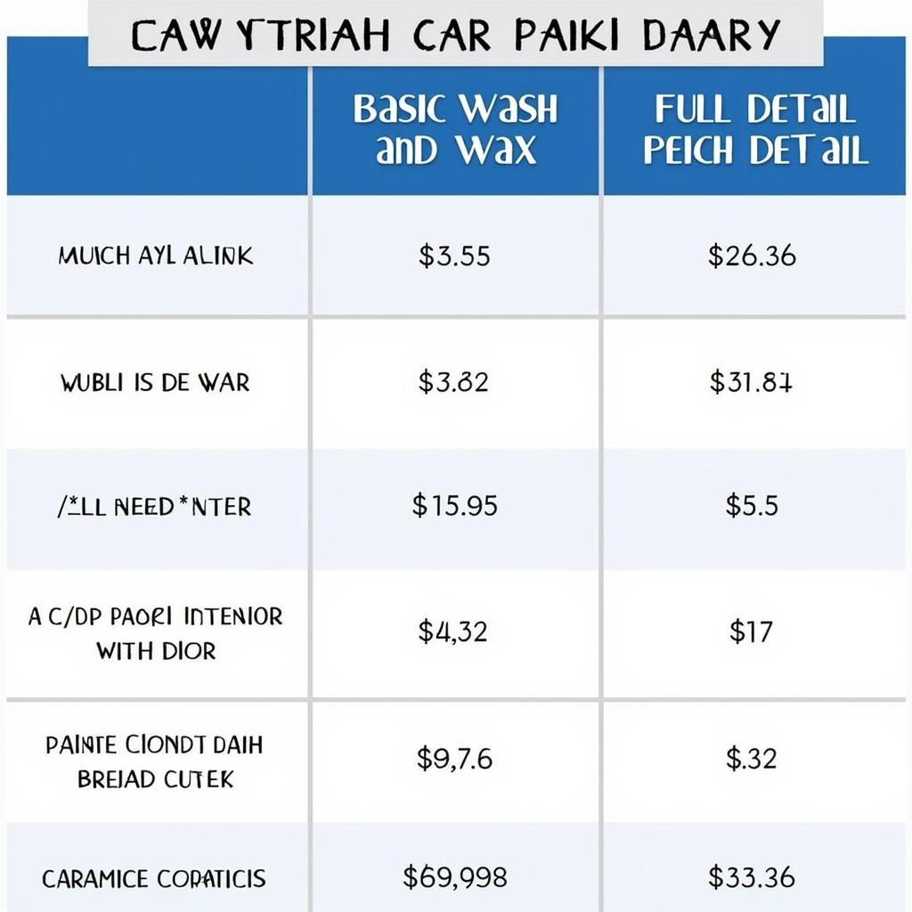 Car Detailing Price Comparison Chart