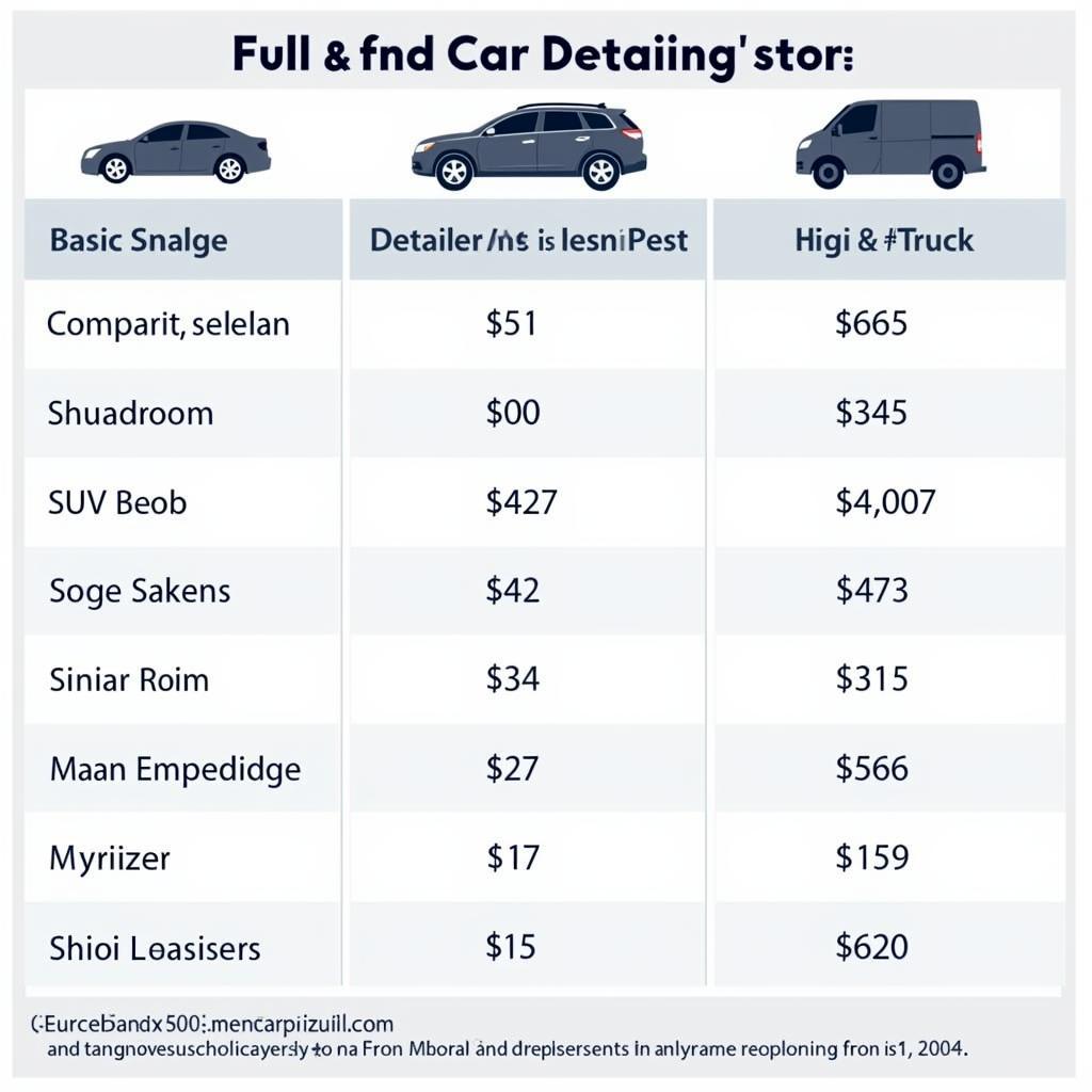 Car Detailing Price Comparison Chart