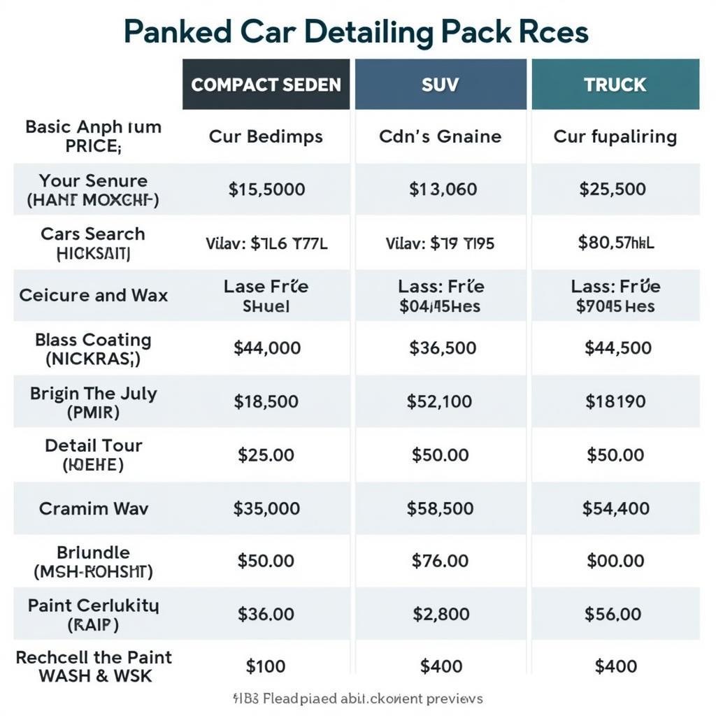 Car Detailing Price Comparison Chart - Basic, Mid-Range, and Premium Packages