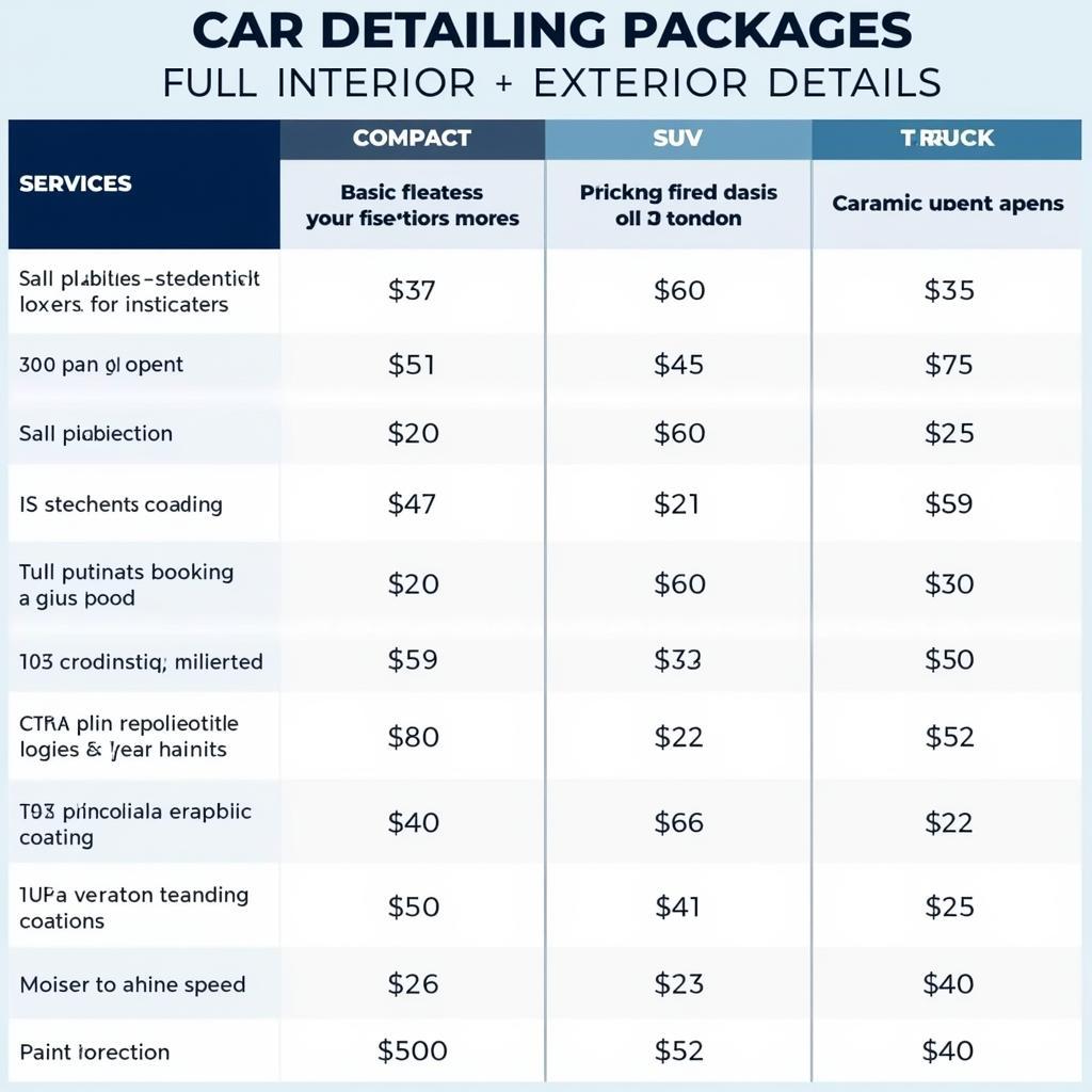 Car Detailing Price Comparison Chart