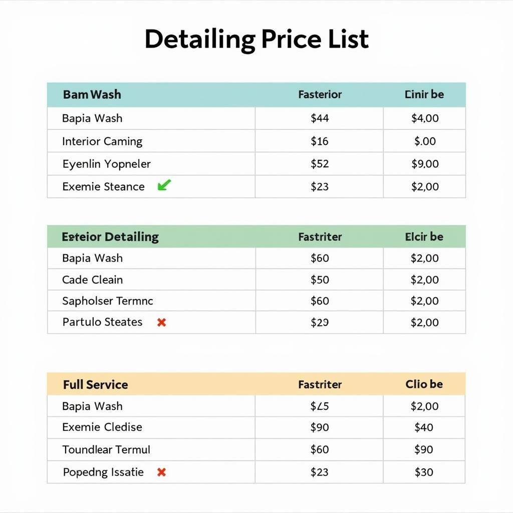 Example car detailing price list with various packages