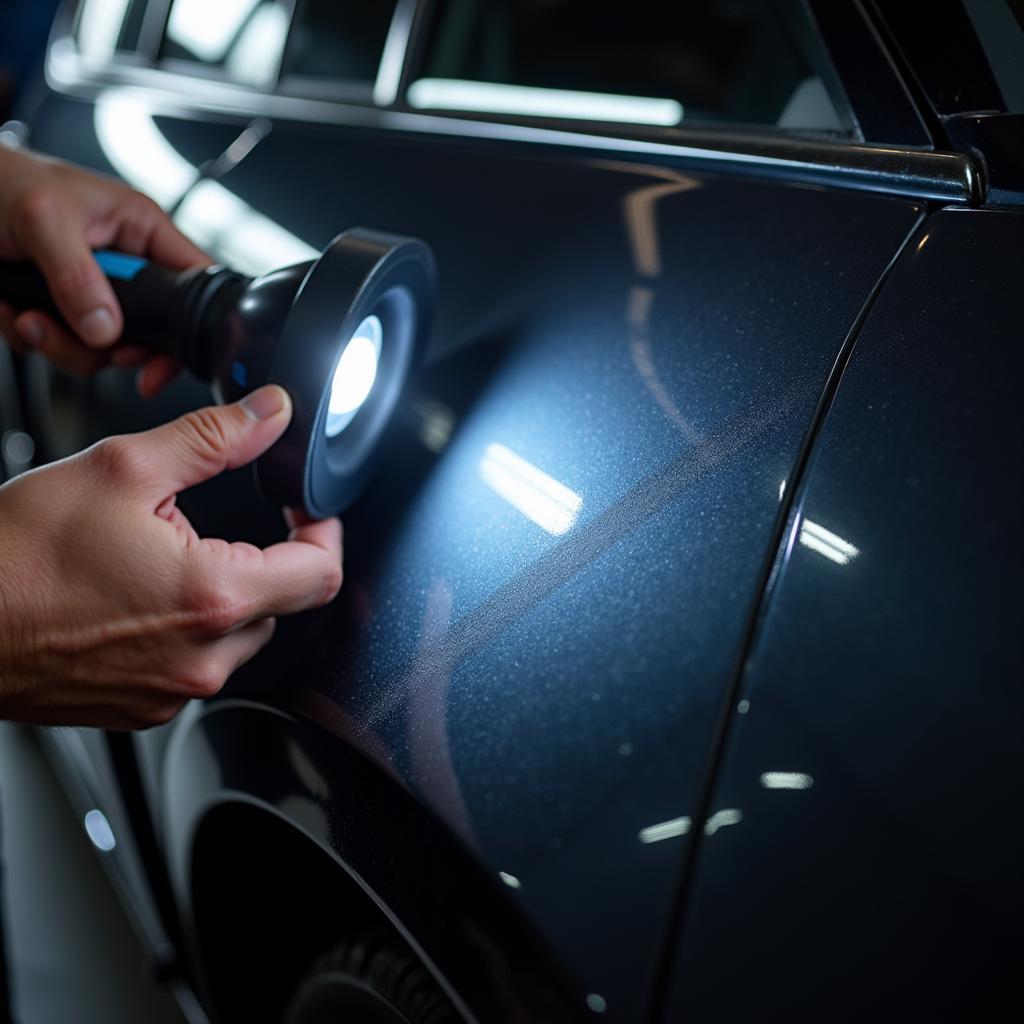 Factors Affecting Car Detailing Process Duration:  A car being inspected for imperfections before detailing.