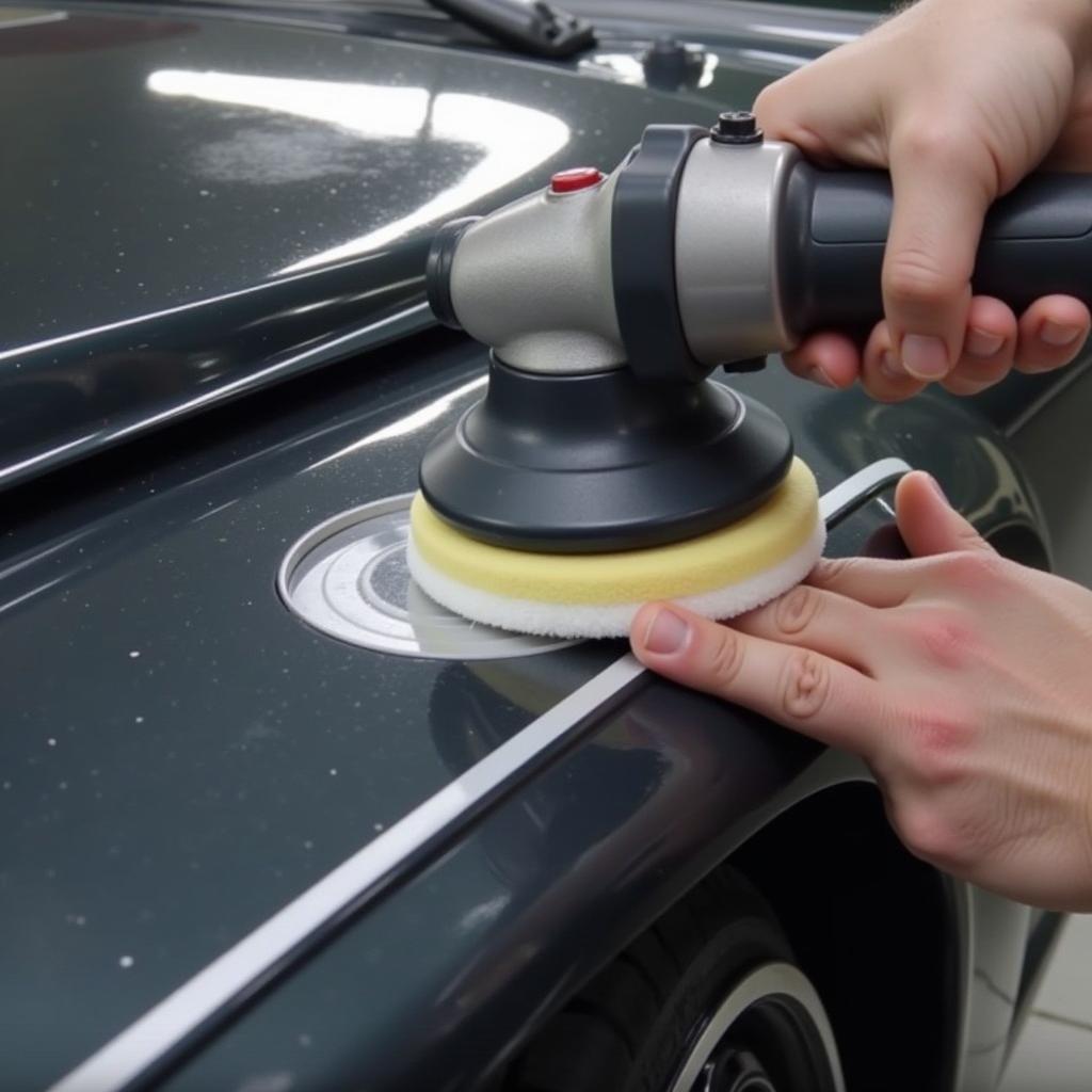 A person meticulously polishing a car's exterior using a dual-action polisher.