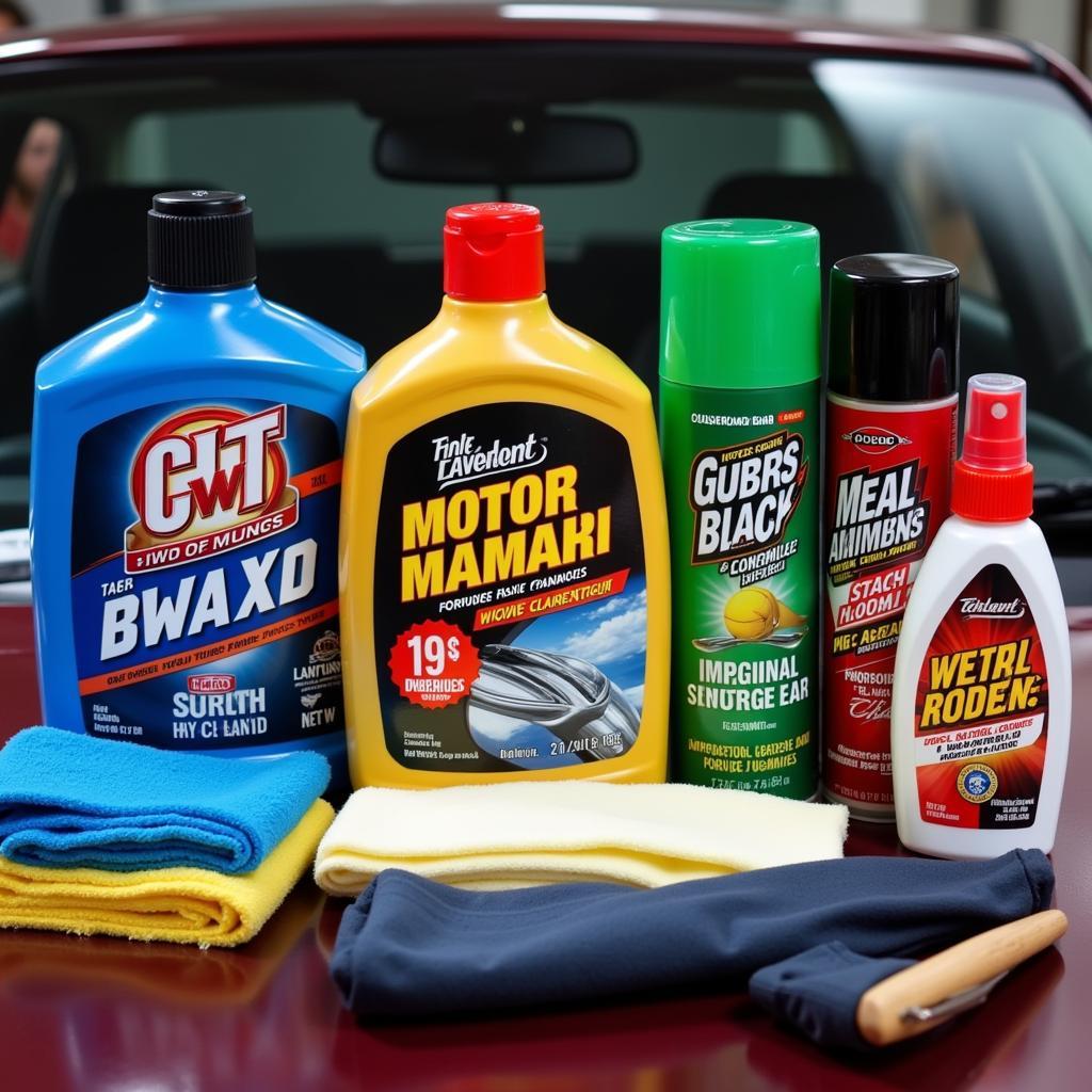 Various car detailing products and tools used by professionals