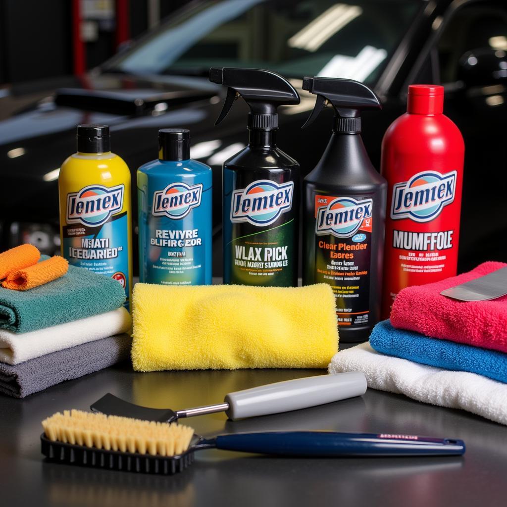 Car detailing products and tools on a workbench.